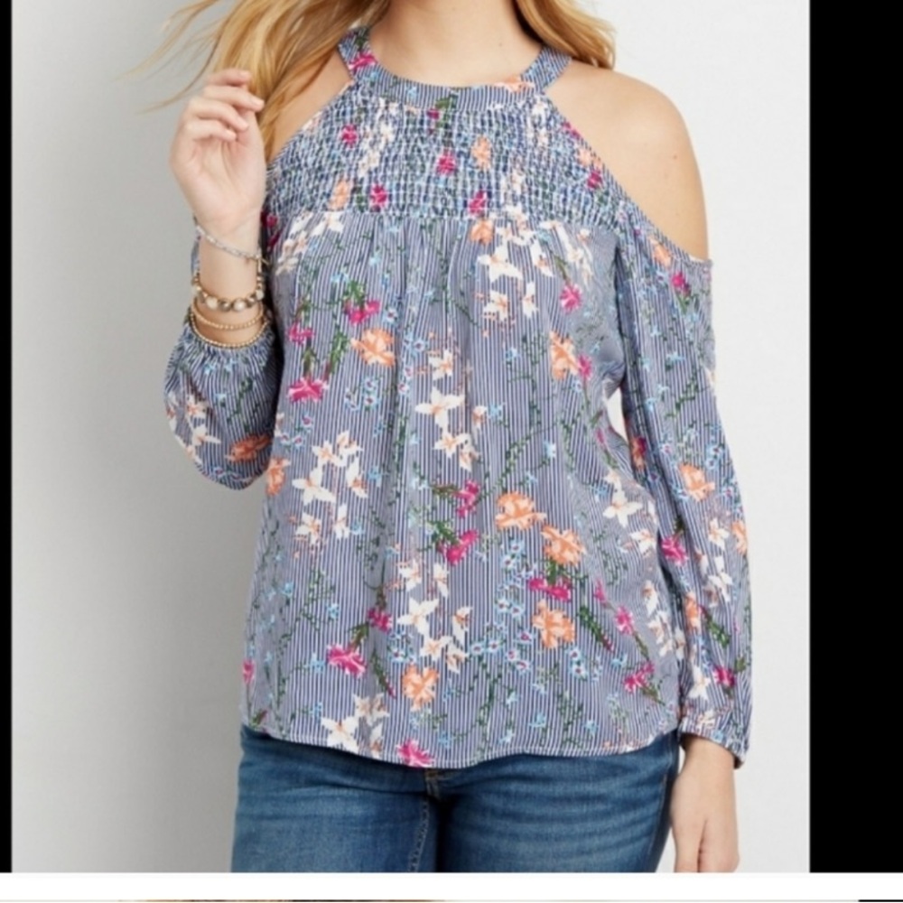 Maurices Gray and Pink Smocked Cut Out Blouse Cold Shoulder Top